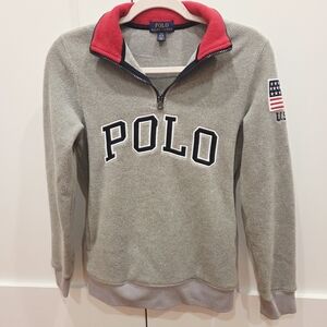 Polo Ralph Lauren  Gray and Red Quarter-Zip Fleece Sweatshirt USA Flag Patch